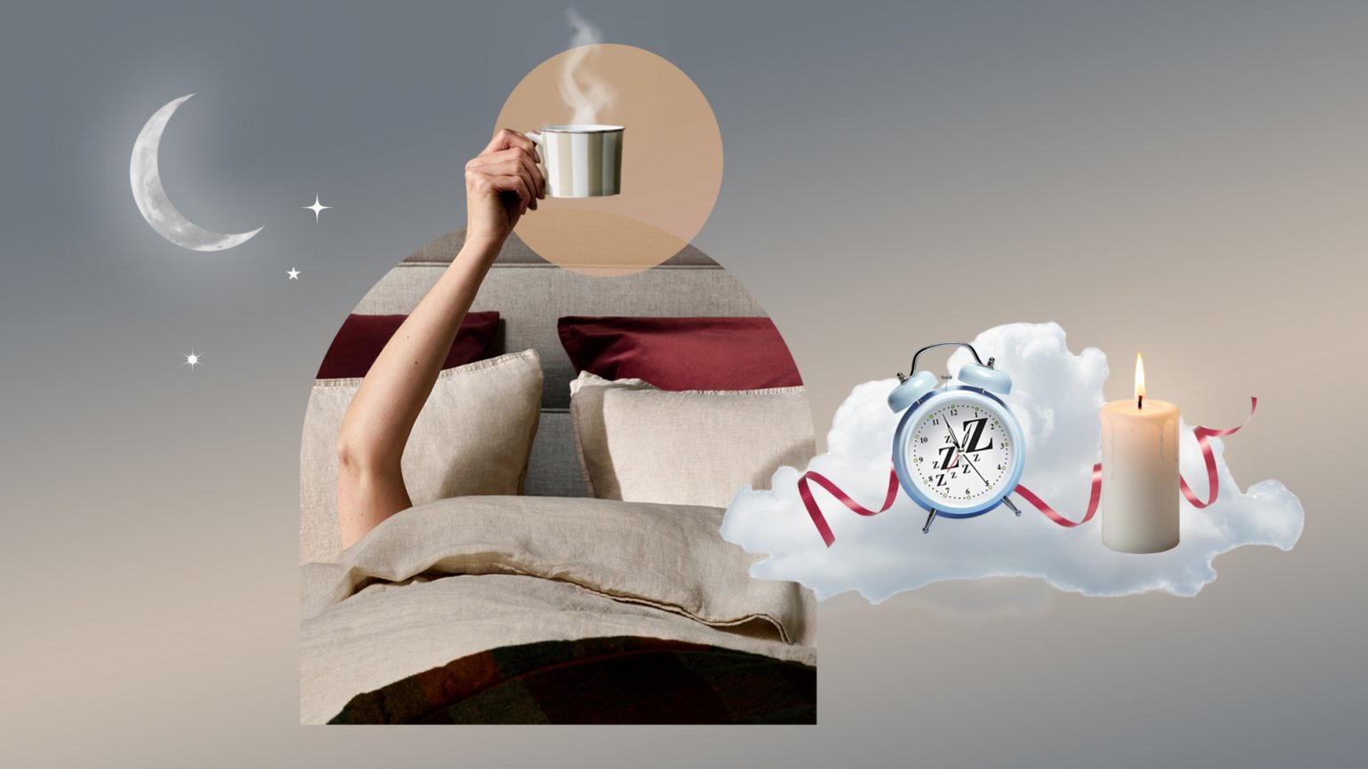 Illustrated graphic with a hand holding a cup of tea surrounded by clouds